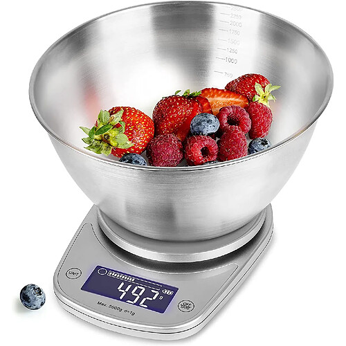Duronic KS5000 SRSS Balance de Cuisine d'une capacité de 5 kg | Précision à 1 g | Bol en inox de 2.5 L inclus | Large écran LCD | Fonction d'ajout de poids TARE | Idéale pour la pâtisserie