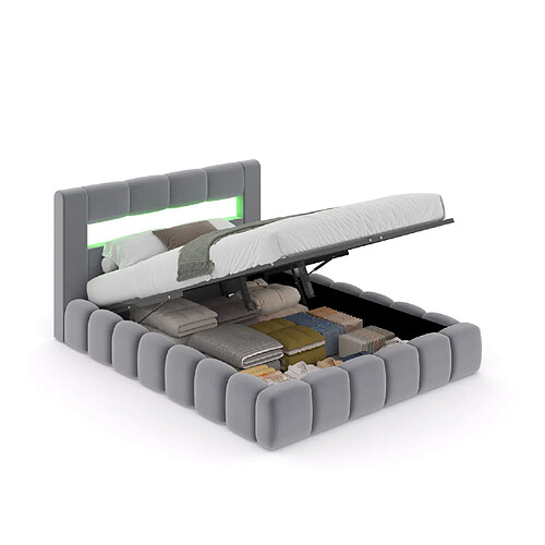 Concept Usine Lit coffre style nuage led 140x190cm velours gris OMAHA