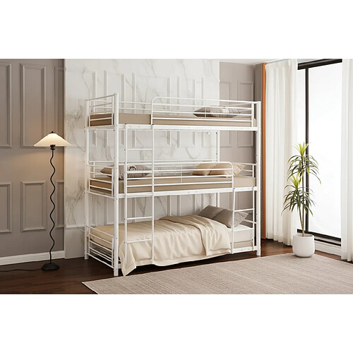 Homy France Lit superposé métal 3 couchages 90x190 cm Blanc TRIPLE