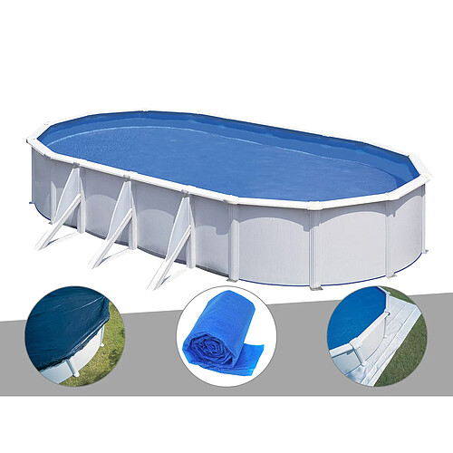 Kit piscine acier blanc Gré Fidji ovale 6,34 x 3,99 x 1,22 m + Bâche hiver + Bâche à bulles + Tapis de sol