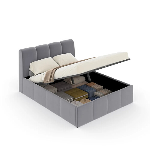 Lit Coffre 160x200 Cm Velours Côtelé Beige - Design Organique, Sommier à Lattes Inclus, Coffre Rangement, 2 Places - 3