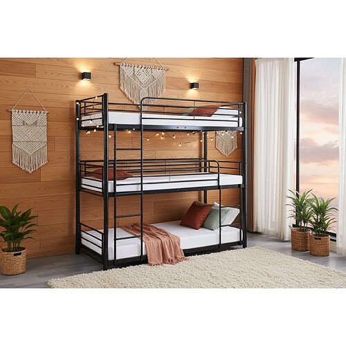 Homy France Lit superposé métal 3 couchages 90x190 cm Noir TRIPLE