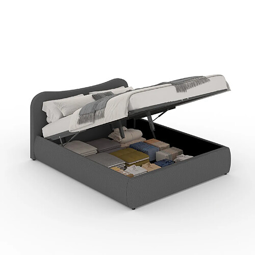 Concept Usine Lit coffre 140x190cm design arrondi velours côtelé gris PLANO