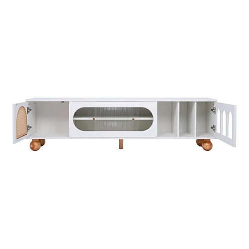 Meuble TV portes rotin et verre - Blanc