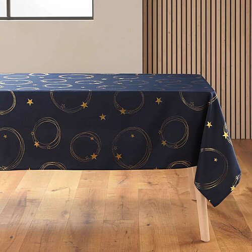 Douceur D'Interieur Nappe Antitache Imprimé Star 150x300cm Bleu Marine & Or