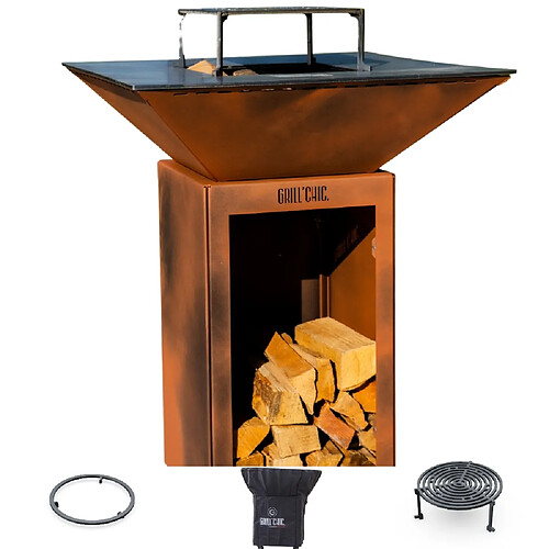 GRILL CHIC Pack Brasero Cevenol Acier Thermolaqué Bois Carré 74x74x90 cm Imitation Corten Double Cuve