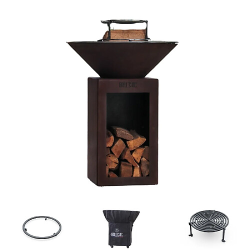 GRILL CHIC Pack Brasero Auvergnat Corten Bois Rond 62x76 cm Simple Cuve - Avec rangement bois