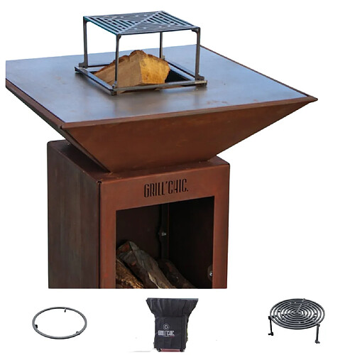 GRILL CHIC Pack Brasero Auvergnat Corten Bois Carré 62x62x76 cm Simple Cuve - Avec rangement bois