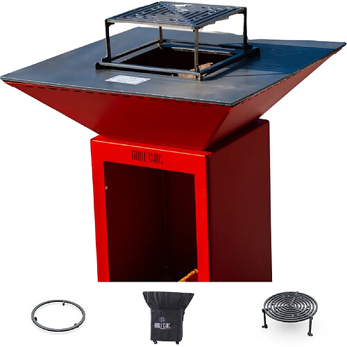 GRILL CHIC Pack Brasero Cevenol Acier Thermolaqué Bois Carré 74x74x90 cm Rouge Double Cuve