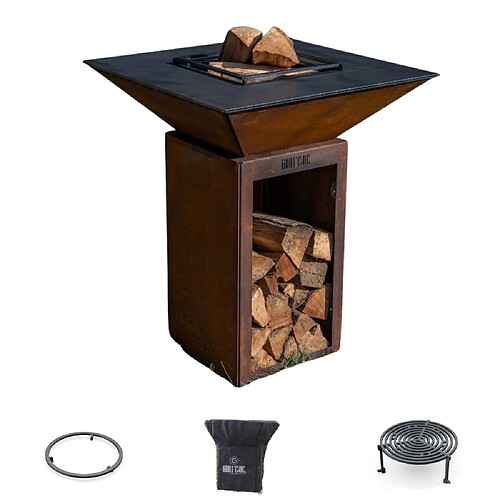 GRILL CHIC Pack Brasero CEVENOL Simple Cuve Corten Carré 74x74x90 cm - Avec rangement bois