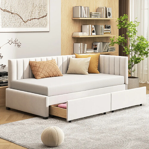 modfu Lit enfant 90x200 cm avec 2 tiroirs et sommier à lattes, en velours, beige
