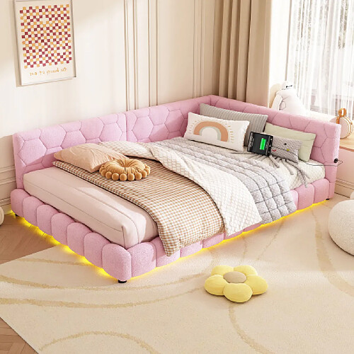 modfu Lit adulte 140x200 cm avec sommier à lattes, éclairage, USB et Type-C, en velours, rose