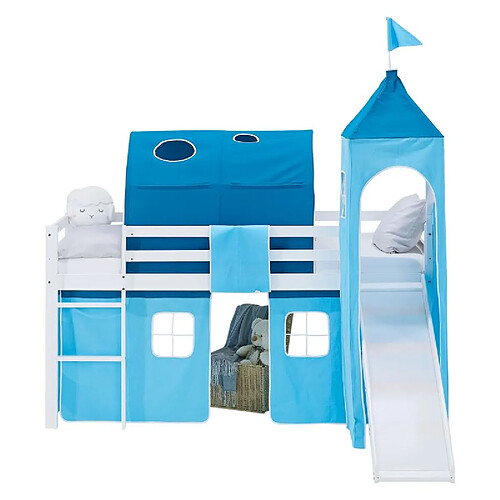Homestyle4U Lit mezzanine 90x200cm toboggan, tour, tunnel et rideau pin bleu