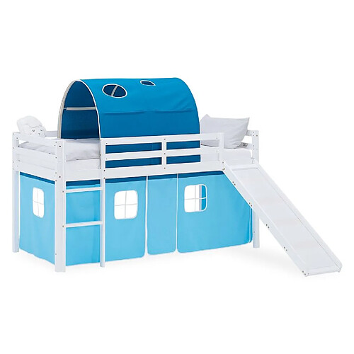 Homestyle4U Lit mezzanine 90x200cm avec toboggan, tunnel et rideau pin bleu
