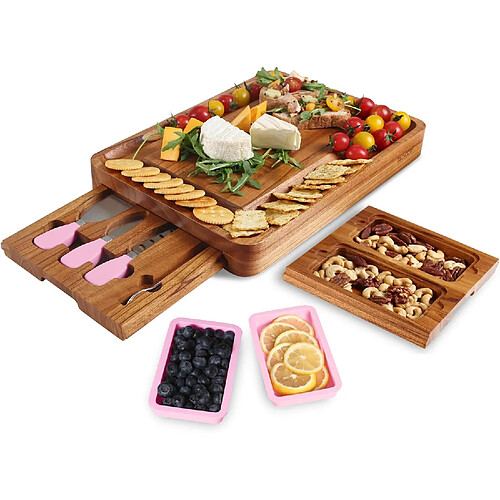 Vendos85 Set de plateau apéritif en bois massif avec tiroirs