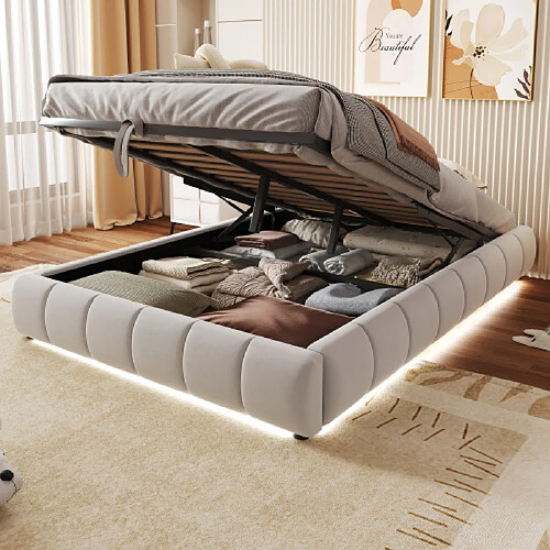 modfu Lit coffre 140x200 cm avec LED et sommier suspendu, en velours , beige