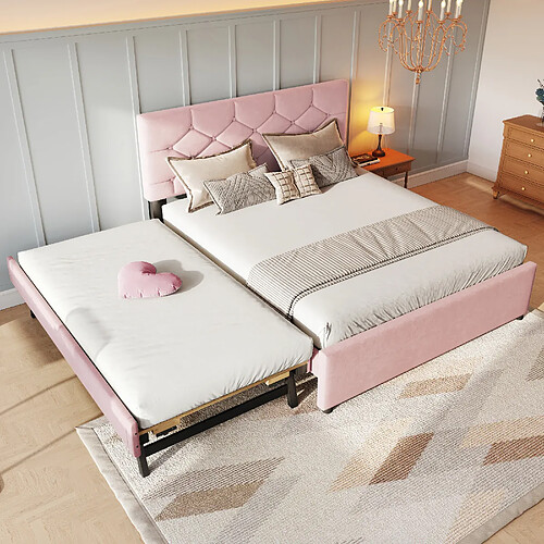 Blossom Paris Lit 140x200 velours rose avec tiroir roulant - Design minimaliste