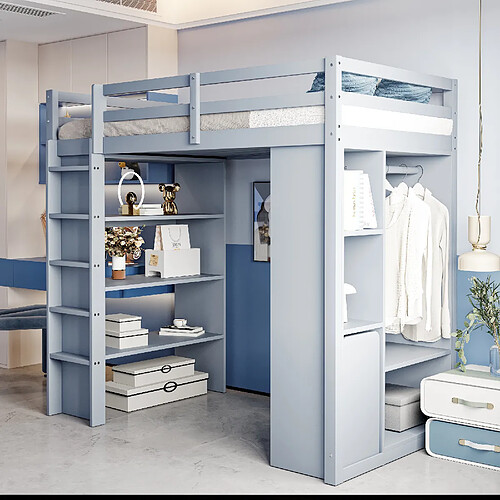 Blossom Paris Lit mezzanine enfant 90x200 cm, étagères multiples, cintres, chariot, rangement, gris.