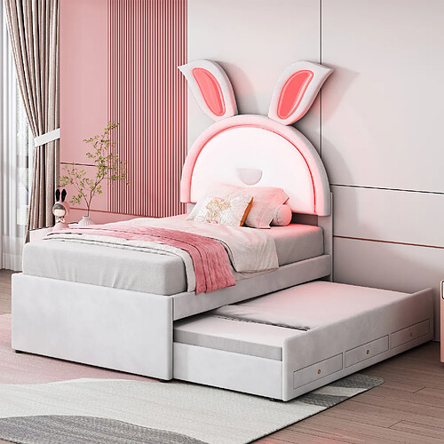 Blossom Paris Lit enfant 90x200, velours, avec lit extra, tiroir, LED colorée, beige