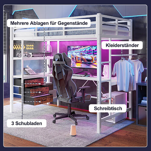 Blossom Paris Lit mezzanine 90x200cm blanc, sans matelas, LED, bureau, 3 tiroirs, escalier