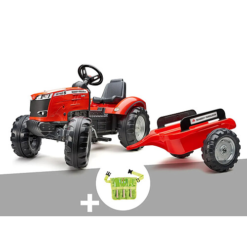 Tracteur enfant Massey Ferguson avec remorque 3 à 7 ans + ceinture avec outils de jardin enfants - Falk
