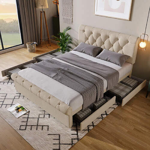modfu Lit adulte 140x200 cm avec 4 tiroirs et tête de lit réglable, en lin, naturel