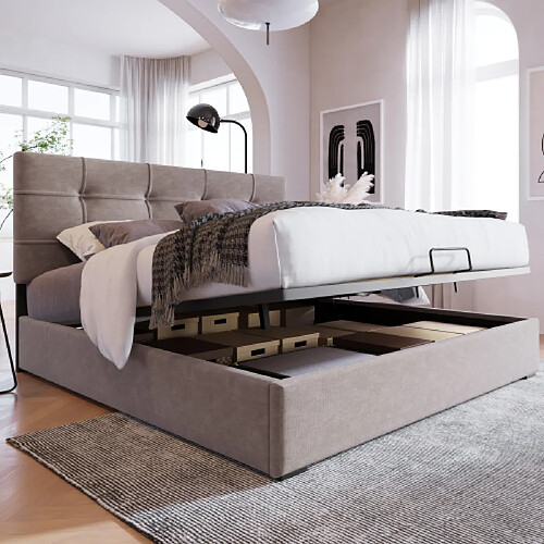 modfu Lit coffre 140x200 cm avec tête de lit réglable et sommier à lattes, en velours, gris clair