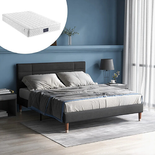 modfu Lit adulte 140x200 cm avec tête de lit, en lin, gris