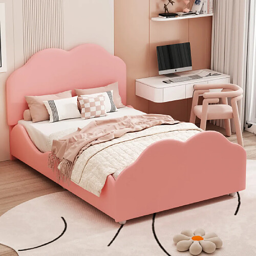 modfu Lit enfant 90x200 cm avec haute barrière, en velours, rose