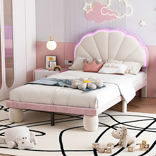 modfu Lit enfant 90x200 cm avec LED, tête de lit et sommier à lattes, en velours, rose