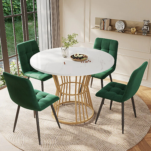 Blossom Paris Set salle à manger 5 pièces, table ronde ø100cm plateau blanc, pieds or, 4 chaises velours vert