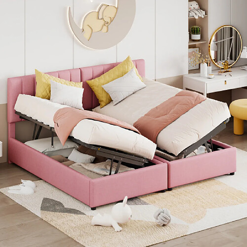 modfu Lit coffre 180x200 cm, en lin, rose