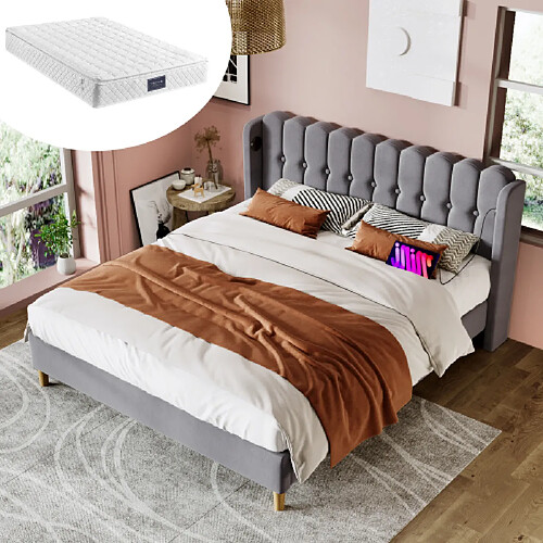 modfu Lit adulte 140x200 cm avec USB Type-C, en lin, gris