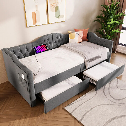 modfu Lit enfant 90x190 cm avec USB Type C et 2 tiroirs, en lin, gris