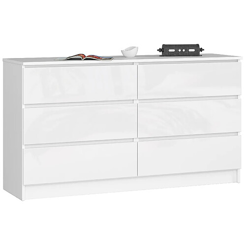 Akord Commode 6 Tiroirs Blanc/Blanc Brillant 138X40X77