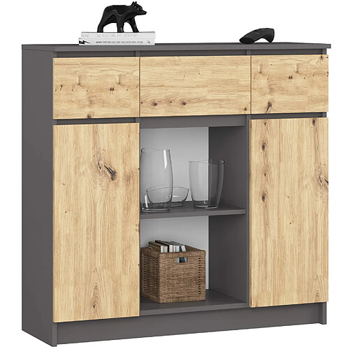 Akord Commode 2 Portes 3 Tiroirs 1 Petite Porte Gris Graphite/Chêne Artisan 101X35X98