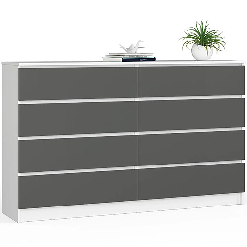 Akord Commode 8 Tiroirs Blanc/Gris Graphite 160X40X99