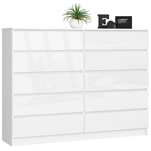 Akord Commode 10 Tiroirs Blanc/Blanc Brillant 160X40X121
