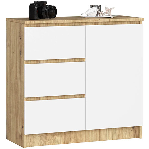 Akord Buffet Jerry 1 Porte 3 Tiroirs Chêne Artisan/Blanc 80X35X77