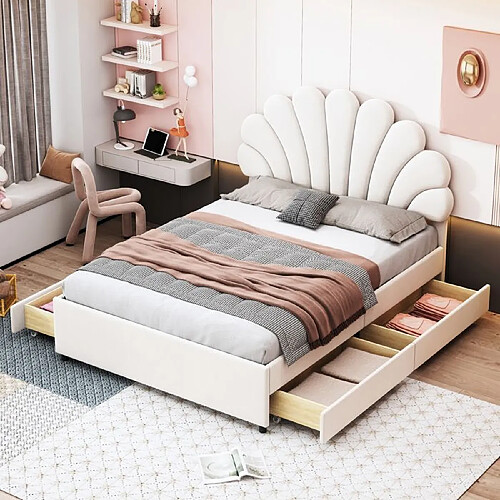 DZMDIP Lit Coffre - 140x200cm - Tête de lit fleurie - Velours - Beige