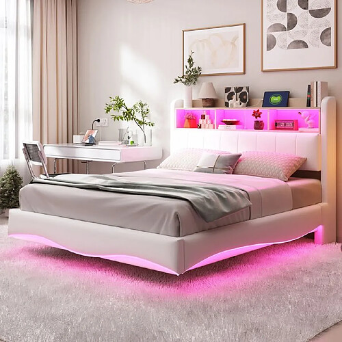 DZMDIP Lit double 140x200 cm - Lit rembourré en lin - LED - USB et TYPE-C - Beige