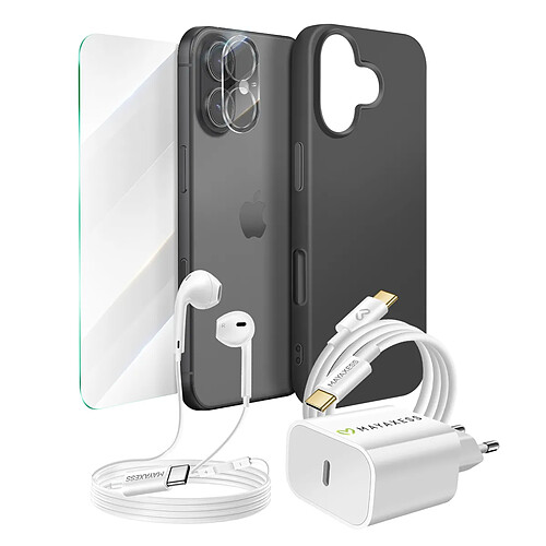 Mayaxess Pack Essentiel pour iPhone 17 Coque, Verre, Chargeurs, écouteurs (6 pièces) Noir