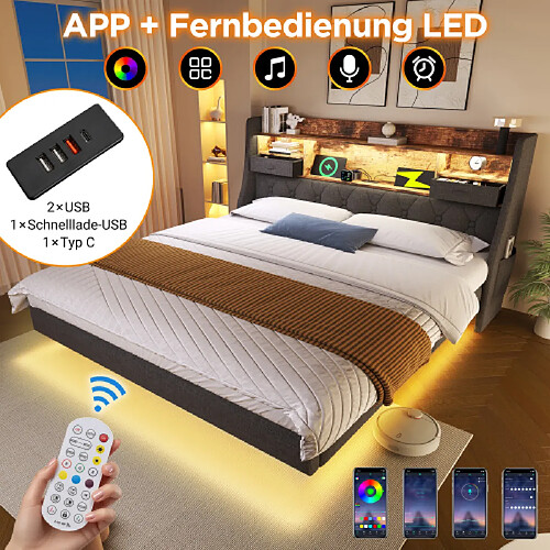 DZMDIP Cadre de lit 160 X 200 cm avec Sommier et LED, Lit rembourré Station de Recharge, Lin