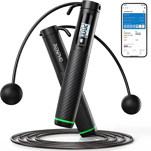 Renpho Corde à sauter intelligente SMART JUMP ROPE noire, longueur réglable, sans fil