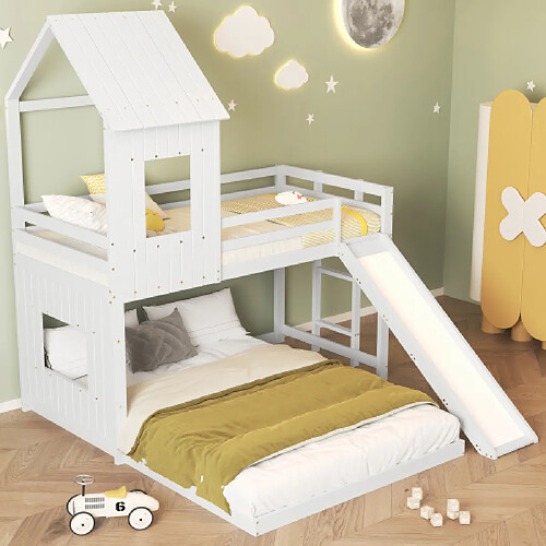 modfu Lit superposé 140x200 cm avec toboggan, barrière, fenêtre et toit, en bois, blanc