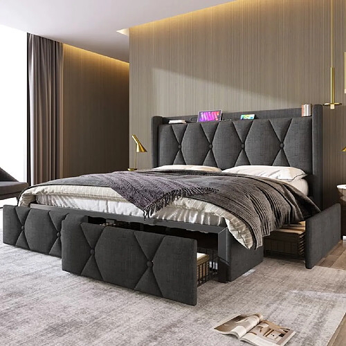 DZMDIP Lit adulte 160x200 cm avec chargement USB et 4 tiroirs, lit double avec sommier à lattes, tissu en lin, gris