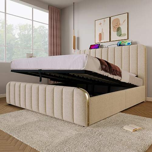 DZMDIP Lit double capitonné - 180x200 cm - Tête de lit dorée - Recharge USB Type-C - Contemporain