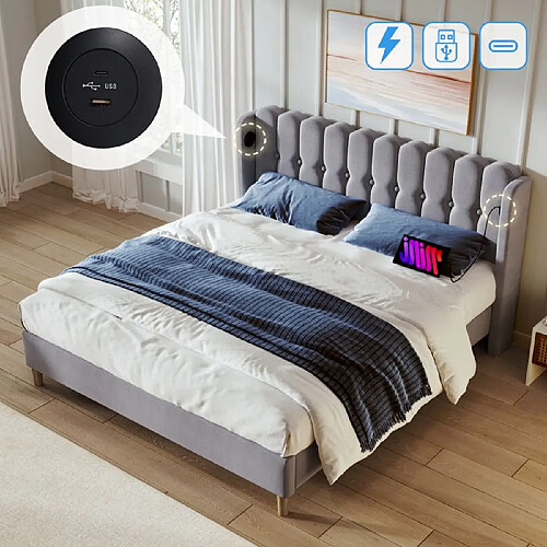 DZMDIP Lit double 140x200 cm - Lit capitonné - Chargeur USB Type C - Cadre en lin gris - 2 places