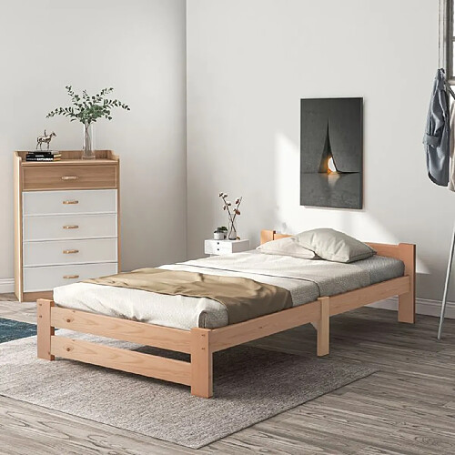DZMDIP Lit junior en bois massif 90x200 cm - Naturel - Design de lit simple et durable
