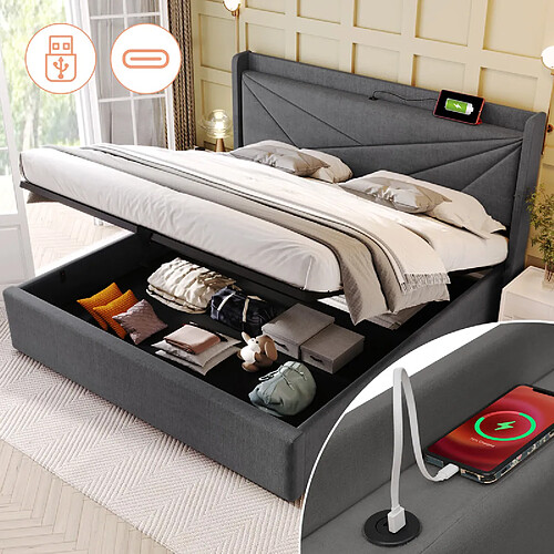 DZMDIP Lit double capitonné - 140x200cm - Espace de rangement - Chargeur USB Type C - Sommier inclus